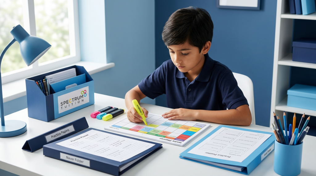 Primary school student using a structured study plan with colour-coded exam materials