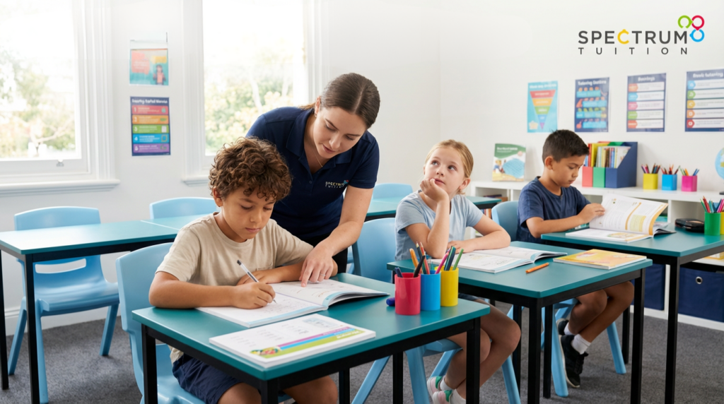 Primary school student using a structured study plan with colour-coded exam materials